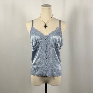 SHYANNE Blue Satin Lace Trim Cami Tank Top M